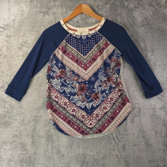 Women's XS Boho Patchwork Blue Print Lace Back Raglan Top 3/4 Sleeve Blouse - Picture 1 of 9